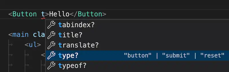 VSCode with a Button component depicting type completion