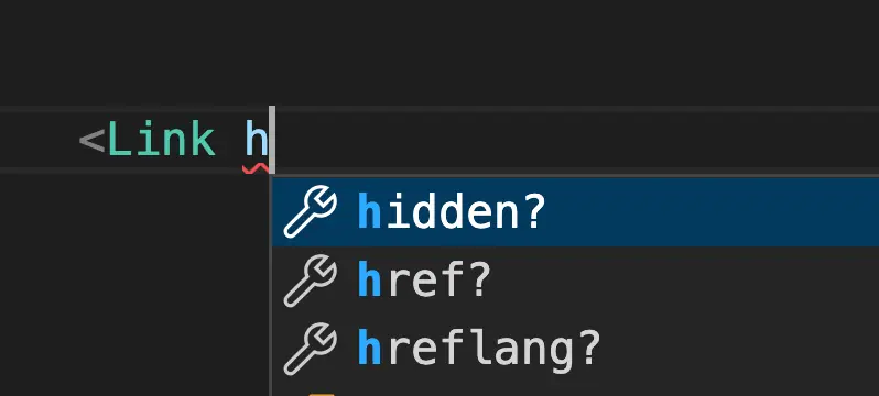 VSCode with a Link component depicting type completion